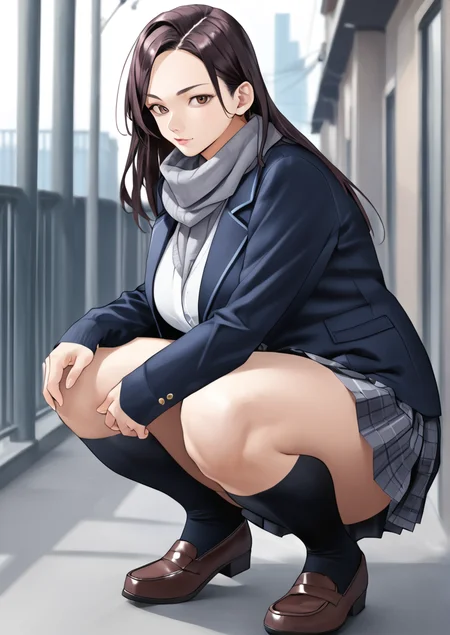 1girl, huge breast, black hair, black legwear, brown eyes, grey scarf, jacket, loafers, long hair, long sleeves, pantyhose, plaid, plaid skirt, pleated skirt, scarf, shoes, skirt, socks, solo, squatting, white legwear, zPDXL3  <lora:ããç·yoshio:1>