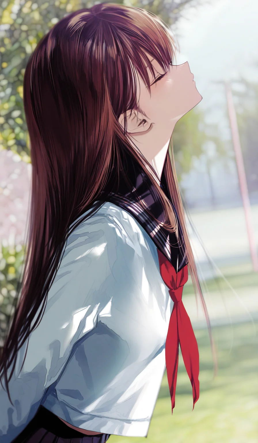 <lora:HonnryouHanaru-Style>,
highres,absurdres,newest,very awa,masterpiece,best quality,year 2024,
(upper body:1.6),
1girl,solo,school uniform,long hair,closed eyes,serafuku,brown hair,red neckerchief,neckerchief,skirt,outdoors,sailor collar,black skirt,shirt,blurry background,blurry,white shirt,pleated skirt,black sailor collar,leaning forward,arms behind back,from side,profile,long sleeves,