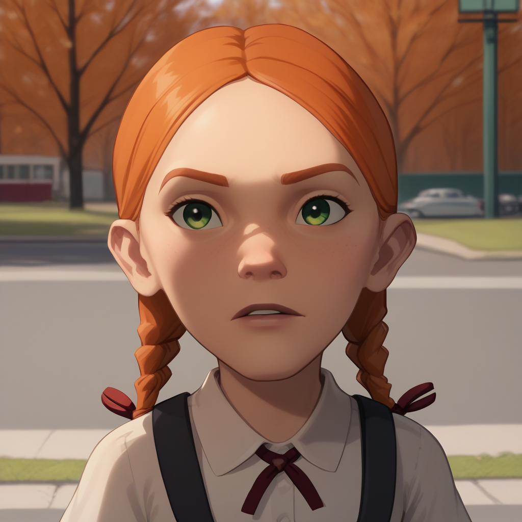 score_8_up, BREAK, Jenny_Bennett , 1girl, solo, orange hair , twin braids, green eyes, red ribbon, white collared shirt, suspenders, portrait, outdoors,  <lora:Jenny_Bennett_PXL_Leaf6:1>