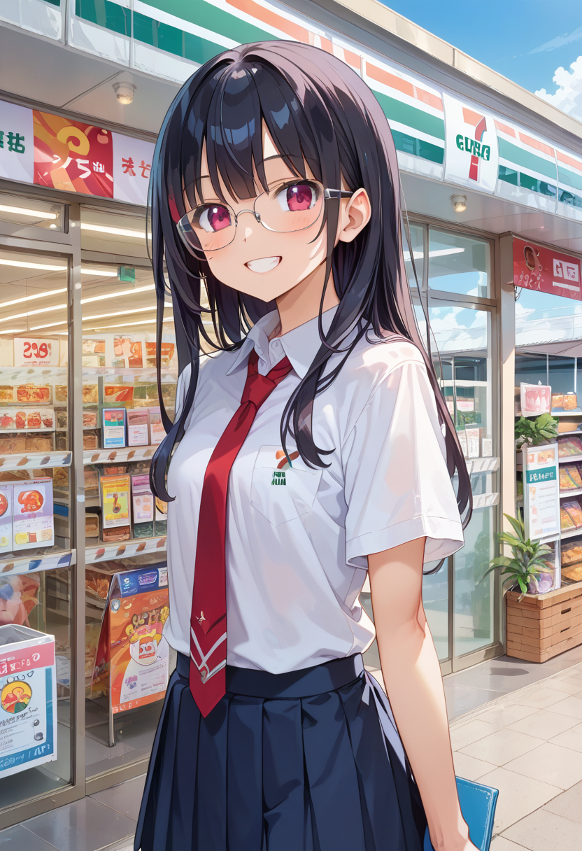 score_9, score_8_up, score_7_up, rating_safe, masterpiece, best quality, absurdres, unity 8k wallpaper, official art, official style, source_anime, uncensored, game cg, megami magazine,
1girl, solo, glasses, black hair, long hair,  collared shirt, red necktie, pleated skirt, blue skirt, looking at viewer, blush, upper body, short sleeves, smile, happy,
seveneleven, konbini, scenery, storefront, japan, shop, scenery, outdoors, convenience store, sky, plant, sign, building, storefront, day, real world location, blue sky
<lora:7eleven_storefront_PONY_V1:1>
