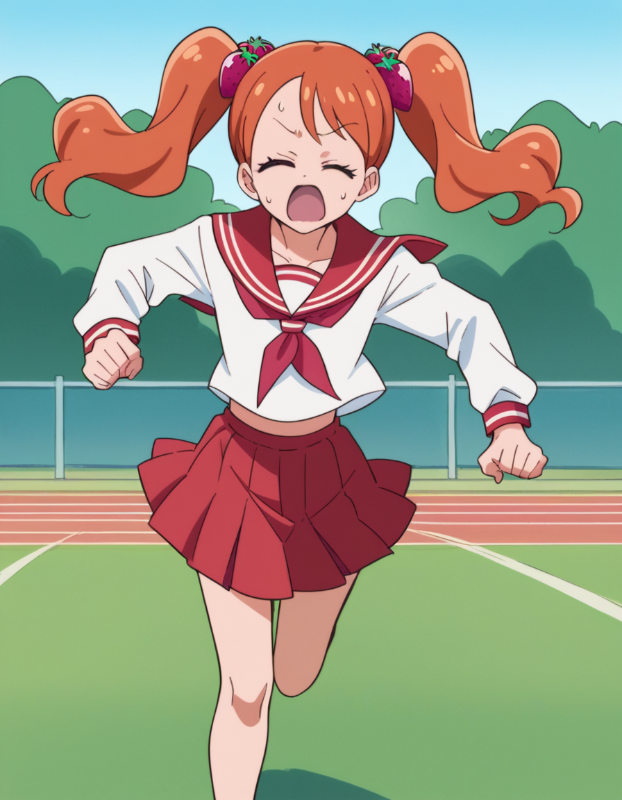 score_9, score_8_up, score_7_up, source_anime,
<lora:ichika-usami-anime-ponyxl-lora-nochekaiser:1>, ichika usami, hair ornament, twintails,
skirt, long sleeves, school uniform, serafuku, sailor collar, orange hair, red skirt, food-themed hair ornament, red sailor collar, strawberry hair ornament,
outdoors, running, sweating, open mouth, closed eyes,
looking at viewer, cowboy shot, dutch angle, solo,