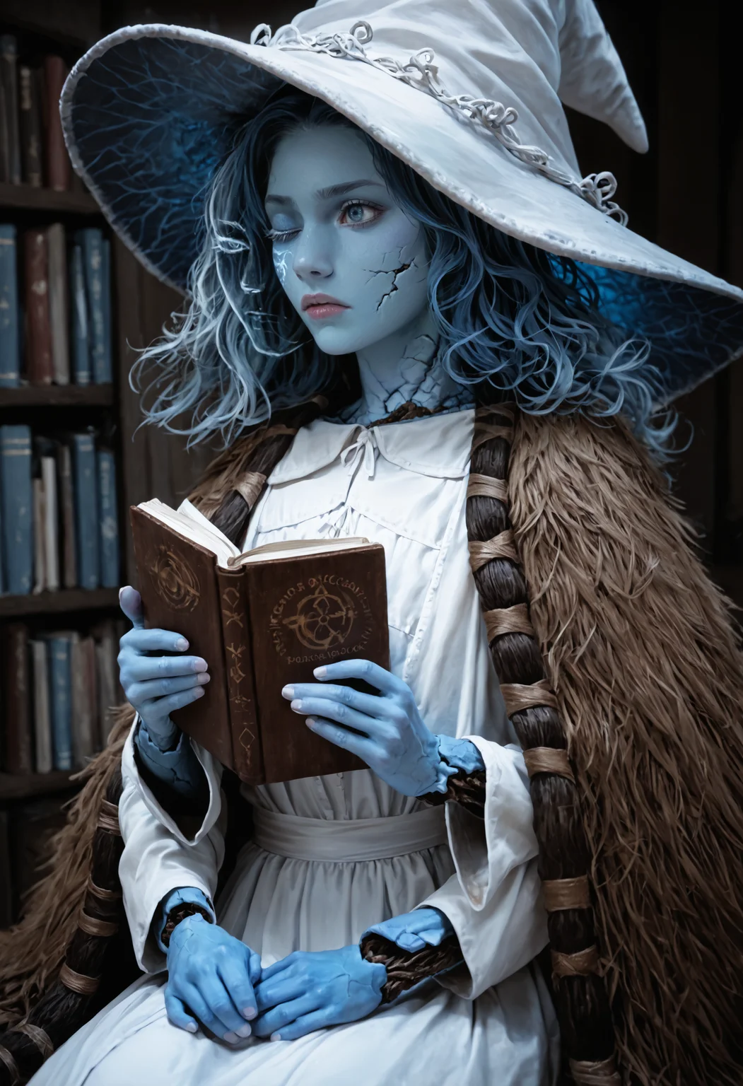 score_9, score_8_up, score_7_up, realistic, 1girl, <lora:Ranni_pdxl_Incrs_v2:1>, IncrsRnnThWtch, blue eyes, one eye closed, blue hair, wavy hair, (4 arms:1.1), (multiple faces:1.1), blue skin, colored skin, cracked skin, doll joints, witch hat, white headwear, white dress, long sleeves, fur cloak, brown cloak, sitting, book, book stack, holding book, from side, reading, amused, cowboy shot, looking down,