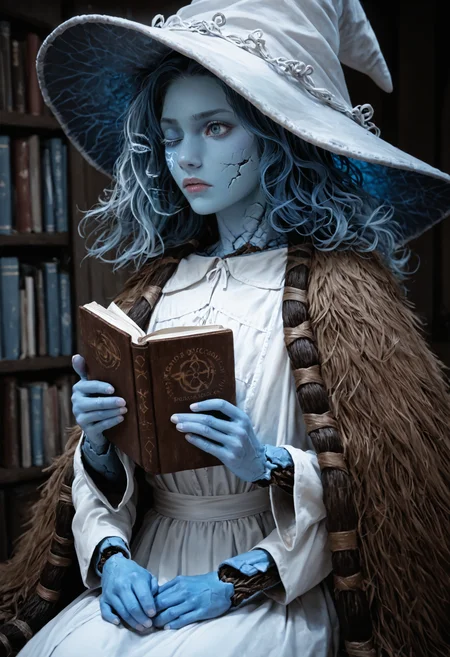 score_9, score_8_up, score_7_up, realistic, 1girl, <lora:Ranni_pdxl_Incrs_v2:1>, IncrsRnnThWtch, blue eyes, one eye closed, blue hair, wavy hair, (4 arms:1.1), (multiple faces:1.1), blue skin, colored skin, cracked skin, doll joints, witch hat, white headwear, white dress, long sleeves, fur cloak, brown cloak, sitting, book, book stack, holding book, from side, reading, amused, cowboy shot, looking down,