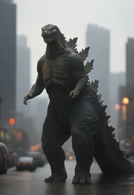 Score_9, score_8_up, score_7_up, score_6_up, zPDXL3, wide shot, monster focus, BREAK, realistic,hyperrealism,ornate,studio photograph, skinny Godzilla kaijuu,gigantic monster, model_buildinga, model_kit_(medium), city skyline, plastic buildings, forced perspective, blurry background, building, outdoors,