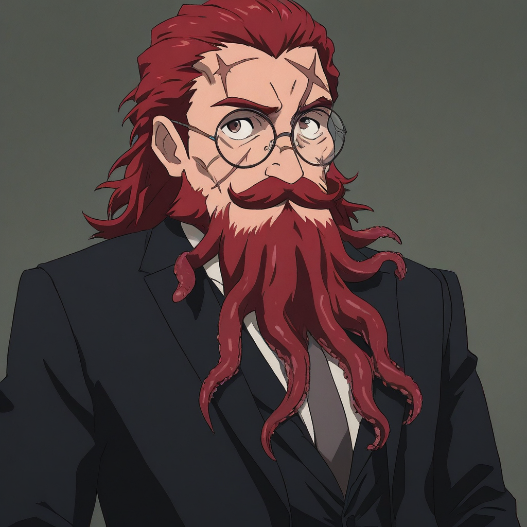 masterpiece, best quality, newest, absurdres, highres, anime, anime style, 1boy, glasses, red hair, suit, round glasses, beard, facial hair, mustache, scar, scars on face, TB-V1.0, Tentacle beard,