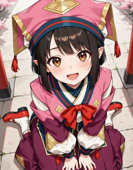 1girl,
very awa, yukumokonaha, brown eyes, black hair, short hair, pointy ears, konahaclothes, pink headwear, pants, purple pants, puffy pants, red bowtie, puffy sleeves, white socks, red shoes, tassel, cherry blossoms, cute pose, sitting, open mouth, socks, shirt, red footwear, bow, tabi, hat, bowtie, sidelocks, red bow, kneeling, smile, blush, :d, pov, solo, outdoors, looking at viewer, (1boy:-1.0),
masterpiece, best quality, newest, highres, absurdres, general
<lora:NoobV065sHyperDmd:1> <lora:YukumoKonaha_IXL:1>