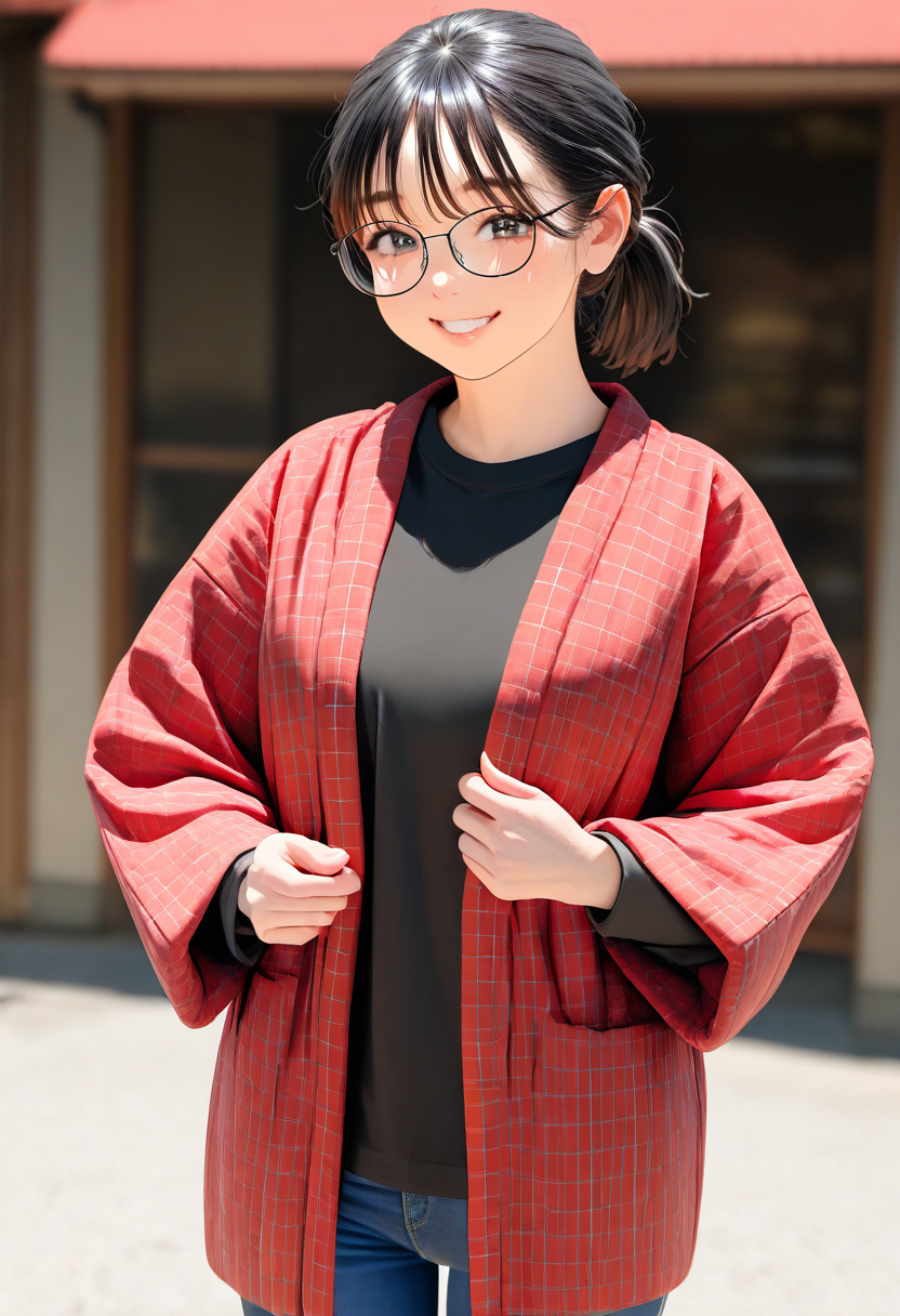 hanten, 1girl, solo, glasses, black hair, ponytail, black shirt, jeans, denim, standing, long sleeves, blue pants
, happy, smile, looking at viewer, upper body,
masterpiece, best quality, amazing quality, very aesthetic, absurdres,
 <lora:Clothing_hanten_illustrious_V1L_DIM4:0.8>