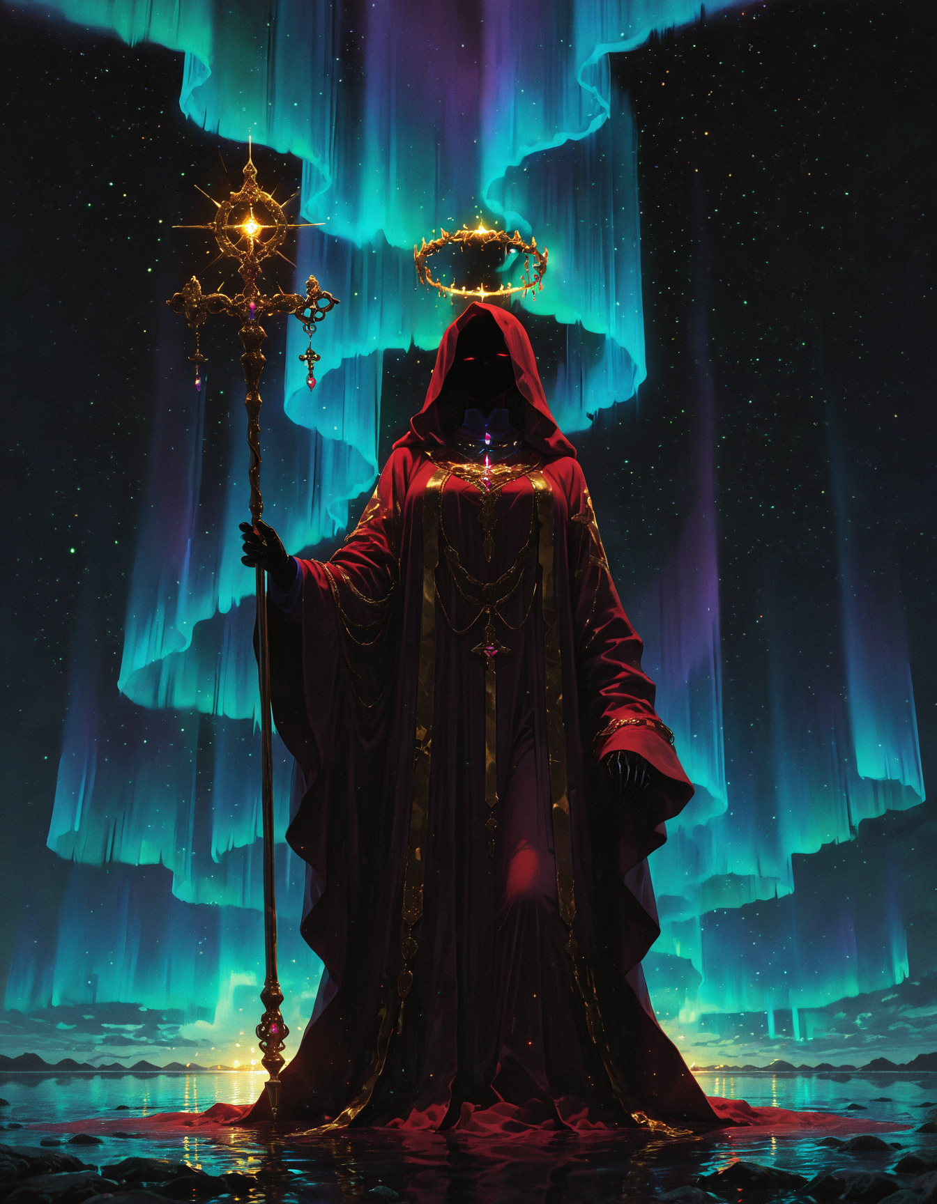 masterpiece, best quality, amazing quality, <lora:DarkFantasy_v3_Buns:0.55>, Aurora Priest, shimmering multi-colored robes, glowing halo, radiant staff, northern lights, masterpiece, best quality, amazing quality