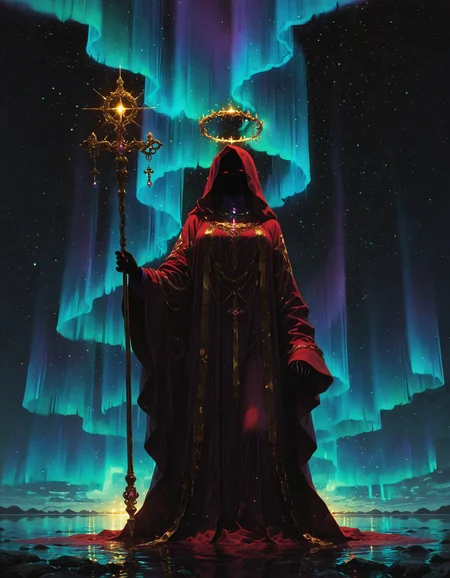 masterpiece, best quality, amazing quality, <lora:DarkFantasy_v3_Buns:0.55>, Aurora Priest, shimmering multi-colored robes, glowing halo, radiant staff, northern lights, masterpiece, best quality, amazing quality