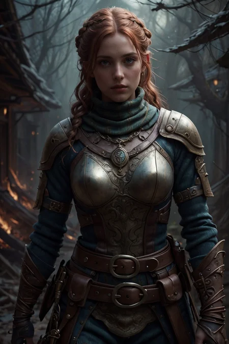 RAW photo, (masterpiece:1.3), subsurface scattering, heavy shadow, (high quality:1.4), (intricate, high detail:1.2), professional photography, HDR, High Dynamic Range, realistic, ultra realistic, photorealistic, high resolution, film photography, ambient lighting, atmospheric effects, <lora:detail_slider_v4:2>,OverallDetail, epic medieval fantasy, a inquisitor, with Fiery Red long and braided hair, cowl, amulet, fingerless gloves, studded belt, <lora:zoom_slider_v1:-1.5>, <lora:cleavage:-1>, <lora:fantasyAI:0.4> tanjoreai, in the style of Tolkien, Middle Earth, <lora:add\ImageEnhance:0.75>, epiCPhoto