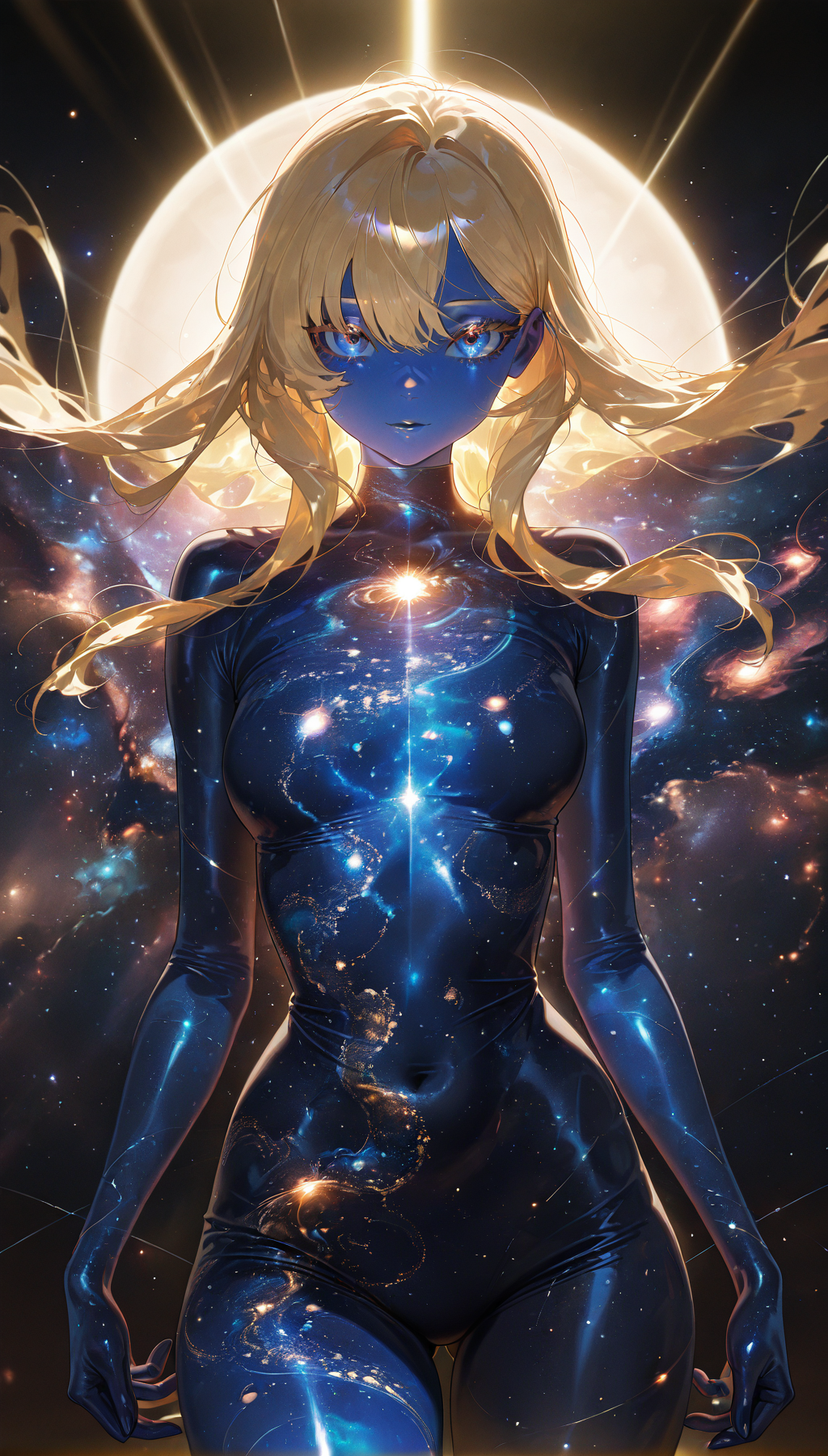 masterpiece, best quality, amazing quality, very aesthetic, absurdres,  newest, volumetric lighting,
space_backround,
1girl,solo,blonde,long hair, perfect detailed eyelashes, glossy lips, perfect nose, shiny skin,colored skin, looking at viewer, cowboy shot, front-view, intricate patterns, (universe backround),
masterpiece, best quality, amazing quality, very aesthetic, absurdres,  newest, volumetric lighting,
 ,<lora:space_backround_illustrious:0.8>,