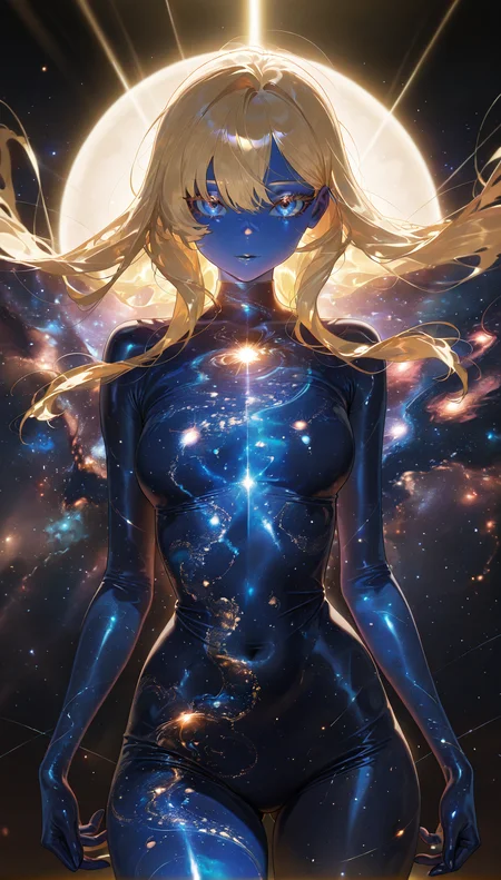 masterpiece, best quality, amazing quality, very aesthetic, absurdres, newest, volumetric lighting,
space_backround,
1girl,solo,blonde,long hair, perfect detailed eyelashes, glossy lips, perfect nose, shiny skin,colored skin, looking at viewer, cowboy shot, front-view, intricate patterns, (universe backround),
masterpiece, best quality, amazing quality, very aesthetic, absurdres, newest, volumetric lighting,
,<lora:space_backround_illustrious:0.8>,