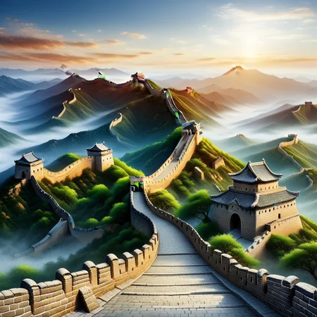 A sweeping, panoramic view of the Great Wall of China winding through rugged mountains under a bright, clear sky. The wall is made of ancient grey stone, with tall watchtowers dotting the path at intervals. The structure follows the contours of the hilly terrain, surrounded by lush green forests and rocky outcrops. In the distance, mist slightly blurs the peaks of the mountains, adding depth and a sense of scale to the vast landscape. The scene is captured in a vibrant yet natural color palette, with an emphasis on realism and detail."