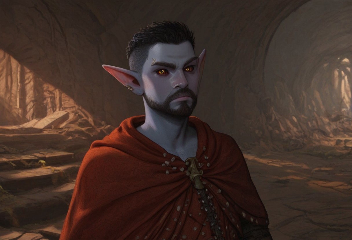 solo, short pointy ears, piercings, random elf face, aquiline features, male dark elf, masculine, long beard, weathered skin, large nose, athletic build,  animated realism, zoomed out, Syrian features, torso, brass pipes and gears, intricate architecture, dwarven masonry, dwemer fixtures, white-green light, gloomy lighting, ancient ruins, interior, stone tiled floor, grey-blue skin, mahogany and ivory clothes, medium armor, bone plate armor, ivory straps and fittings, grey wood neckguard, dark red sclera, black pupils, distant mushroom forest, blue-green light, neon, highly detailed, defined features, looking at viewer, three quarters view, from front, dynamic lighting, 56 years old, light and shadows, patterned cloth, annoyed expression, expressive eyes, detailed medieval clothes, short hair, wavy hair, thick hair, beaded hair, braided hair, under cut hair, semirealistic, alien elf, spanish features, jewish features, black hair, dark red hair, umber skin, sharp features, pastel green berber print cloak, nighttime, high detail, absurdres, pretty eyes, detailed eyes, yellow eyes,