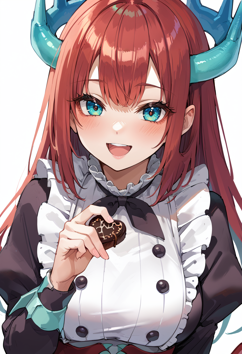(score_9:0.9),score_8_up,score_7_up,rating_safe,anime style,(zPDXL),<lora:Kitchen Dragonmaid ponyXL v1:0.7>,kitchen dragonmaid,1girl,solo,large breasts,looking at viewer,open mouth,smile,chocolate,holding food,blush,upper body,food,simple background,white background,maid clothes,