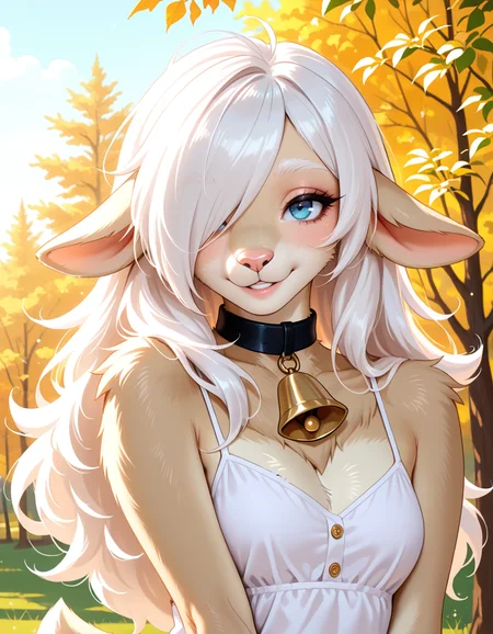 masterpiece, best quality, very aesthetic, absurdres,
outdoors, casual,
upper body, posing,
seductive smile, parted lips, long eyelashes,
<lora:Ann_v01_NAIXL:1>
4nn3,1girl,solo,furry,furry female,animal ears,white hair,long hair,hair over one eye,blue eyes,snout,animals nose,collar,neck bell,body fur,white fur,tail,hooves,