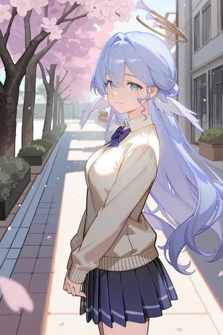 1girl, solo, robin \(honkai: star rail\), halo, head wings, solo, school uniform, white shirt, sweater, pleated skirt,  light smile, looking at viewer, outdoors, street, cherry blossoms, petals, depth of field <lora:Char-HonkaiSR-Robin-V2-IL:0.9:hr=0.7>,  kanzaki hiro, ciloranko, alphonse \(white datura\), (ask \(askzy\), gomzi, you shimizu: 0.7)
masterpiece, best quality, amazing quality, very aesthetic, absurdres, newest, (scenery, volumetric lighting), ray tracing, (bloom:1.4), cinematic