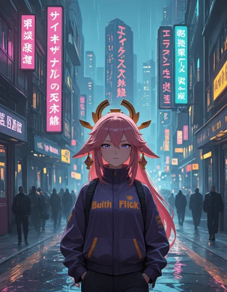 <lora:TCD:1>
<lora:xl_more_art-full_v1:0.4>
<lora:aidmaMJ6.1_v0.5_IL:0.8> aidmaMJ6.1
(masterpiece, best quality), amazing quality, very aesthetic, absurdres, highres, newest, HDR, 8K, high detail
yae_miko, genshin_impact, 1girl, pink_hair, purple_eyes
solo, cowboy shot, evocative, dramatic lighting, (dynamic pose:1.3)
A once-busy spaceport overtaken by parasitic alien growths, with flickering lights and abandoned cargo.
A sprawling cityscape at night with towering skyscrapers covered in glowing neon signs and holograms. Elevated trains and flying cars zip through the foggy air, while people in futuristic attire navigate rain-soaked streets.
<lora:NSFWFilter_illusXL_Incrs_v1:-1>
<lora:ck-70s-scifi-IL:0.35> sci-fi, illustration, retro,
<lora:afkArenaIllustrious:0.35> afkarenastyle
<lora:Orenji-IL:0.35> orenji