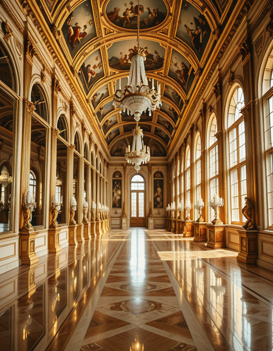 A breathtaking, photorealistic depiction of the Hall of Mirrors (Galerie des Glaces) at the Palace of Versailles in France, captured in golden afternoon light. The hall is grand and opulent, with a high arched ceiling painted with intricate Baroque frescoes. The walls are lined with tall arched mirrors on one side and large arched windows on the opposite side, flooding the space with natural light. Elegant crystal chandeliers hang from the ceiling, reflecting in the mirrors and sparkling with golden highlights. The marble floors are polished and gleaming, with rich, warm tones. Gilded statues and decorative elements frame the mirrors and doorways. The image style is ultra-detailed and photorealistic, with sharp textures and soft, warm lighting creating a majestic, timeless atmosphere. No people present, only the serene magnificence of the empty hall. Camera angle at eye level, centered down the hall, capturing the full length and symmetry of the space.
<lora:SDXLFaeTastic2400:0.4> <lora:extremely_detailed:0.4> extremely detailed,Hall of M1rr0rs, <lora:Hall_of_M1rr0rs-i:1>, Masterpiece,best quality,hi res,8k,hi res,8k,award winning,(sharp focus, intricate, highly detailed),