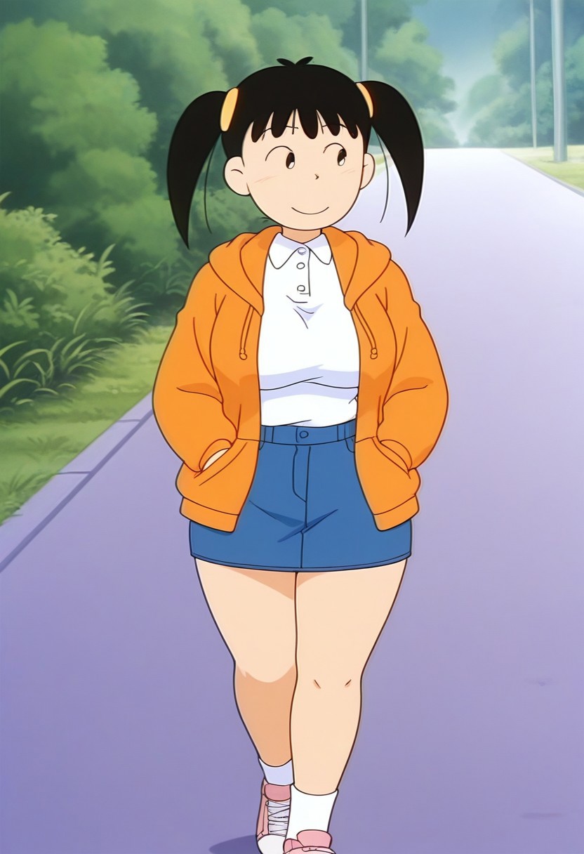 (masterpiece:1.4), (best quality:1.4),  very aesthetic, newest,best quality, amazing quality, absurdres,
anime screenshot,retro artstyle
1girl,,solo,noyama_azusa,twintails,black hair,black eyes,hair ornament,,white socks,clew_socks,no shoes
 <lora:noyama_azusa_v9:1>
orange hoodie,open hoodie,white polo shirt,denim skirt,sneakers,
looking at viewer
walking, smile,hands in pocket,outdoor,looking away, short body, thick thighs, wide hips, large breasts, saggy breasts, curvy,