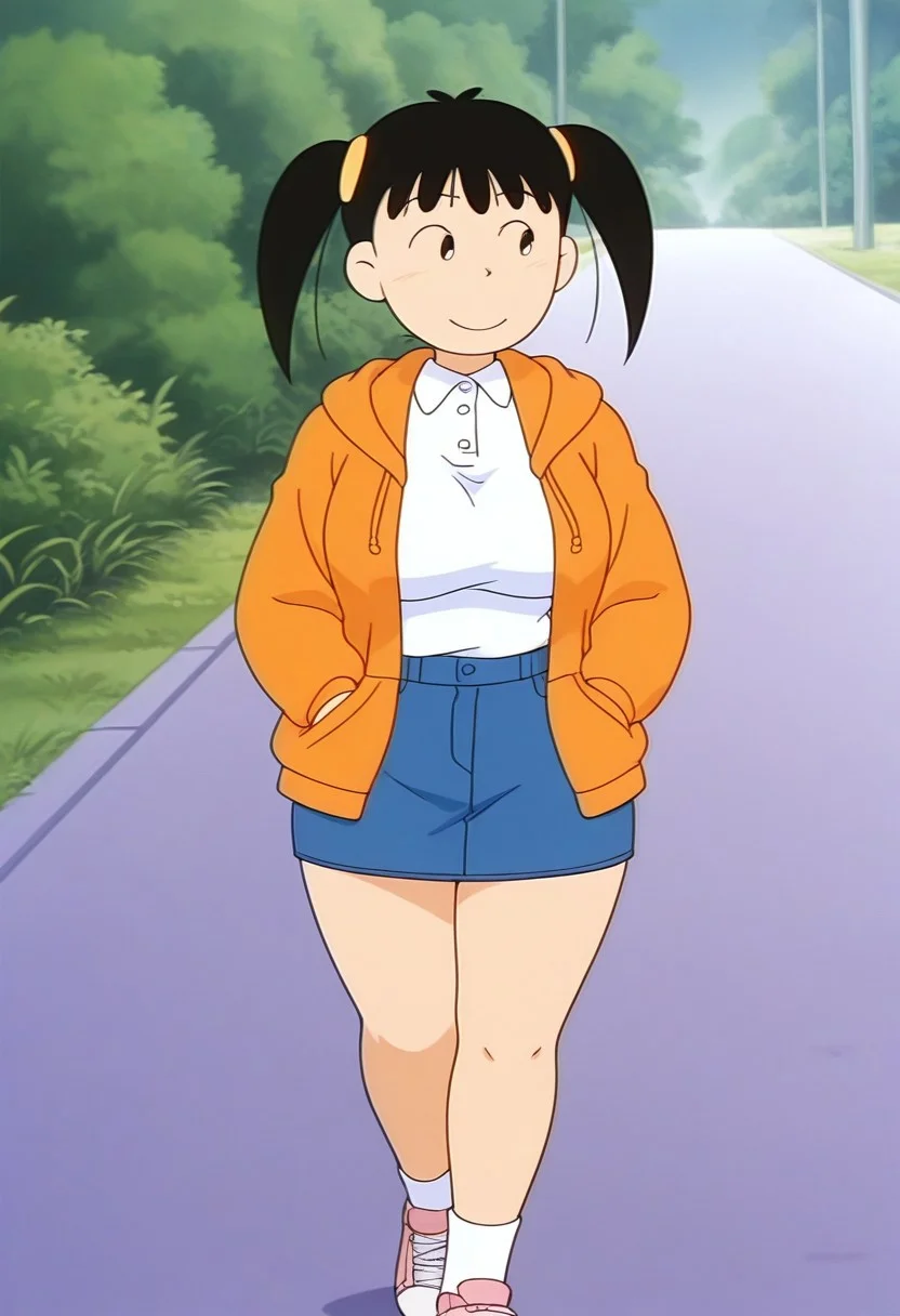 (masterpiece:1.4), (best quality:1.4), very aesthetic, newest,best quality, amazing quality, absurdres,
anime screenshot,retro artstyle
1girl,,solo,noyama_azusa,twintails,black hair,black eyes,hair ornament,,white socks,clew_socks,no shoes
<lora:noyama_azusa_v9:1>
orange hoodie,open hoodie,white polo shirt,denim skirt,sneakers,
looking at viewer
walking, smile,hands in pocket,outdoor,looking away, short body, thick thighs, wide hips, large breasts, saggy breasts, curvy,