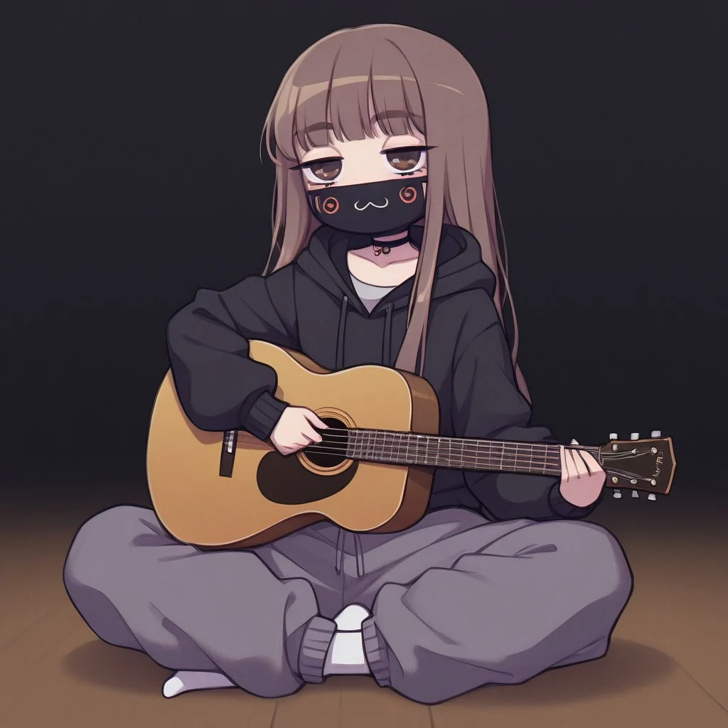 Paula,1girl, solo, Brown long hair with bangs, mouth mask with :3 symbol,choker, black hoodie,baggy gray pants,white socks
Paula playing acoustic guitar in front of a stage