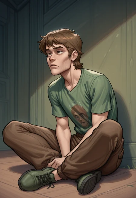 w3st3rnt00n4, shaggy_rogers 1boy brown_eyes brown_hair brown_pants full_body green_shirt indian_style pants shirt shoes short_hair short_sleeves sitting ,masterpiece,best quality,amazing quality,highres <lora:Western_Toon_4:1>