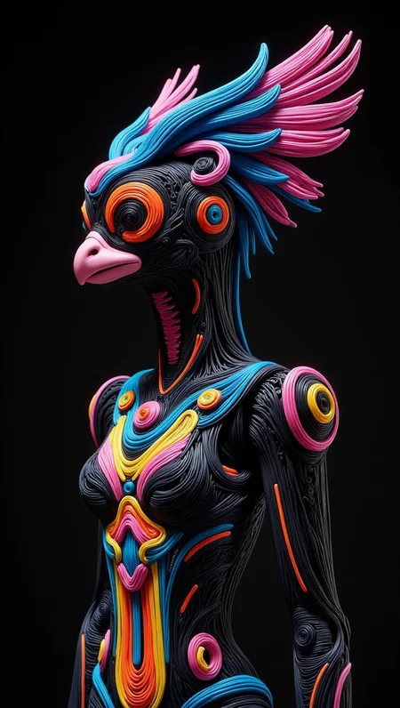 <lora:flux-licoricestyle.safetensors:1> made out of Licorice, A fantastical creature with striped, animal-like features, blending the familiar with the exotic.
A futuristic humanoid robot, its avian-inspired headpiece adorned with vibrant blue and pink feathers that seem to pulse with energy. Its mechanical body is a masterpiece of precision engineering, featuring geometric patterns and circular elements in shades of electric blue, pink, orange, and yellow, set against a dark background that enhances the colors' intensity.