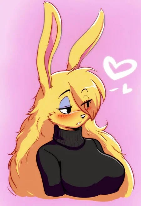 LoriJackrabbitPXL,rabbit girl,1girl, breasts, long hair, animal ears, blonde hair, solo, heart, furry, furry female, rabbit ears, upper body,black eyes, large breasts, pink background, half-closed eyes, signature, simple background, rabbit girl, animal nose, yellow fur, eyeshadow, parted lips, black sweater, body fur, black shirt, looking to the side, eyes visible through hair, shirt, sweater, cropped torso, makeup, turtleneck, two-tone fur, hair over one eye, blush, very long hair
<lora:lorijackrabbit-v1:0.9>