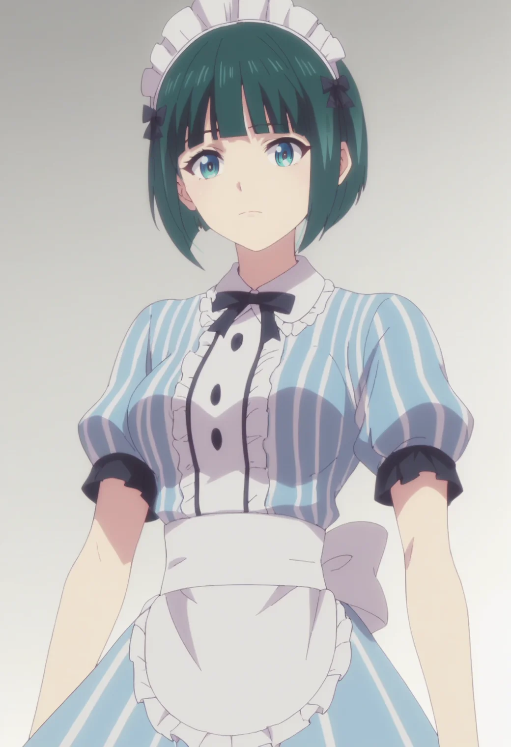 score_9,score_8_up,score_7_up, masterpiece, best quality, white background, 1girl, solo <lora:DX888Shiragiku:1>ono shiragiku, green hair, bob cut, medium breast, anime screencap, waitress, maid headdress, waist apron, striped dress,