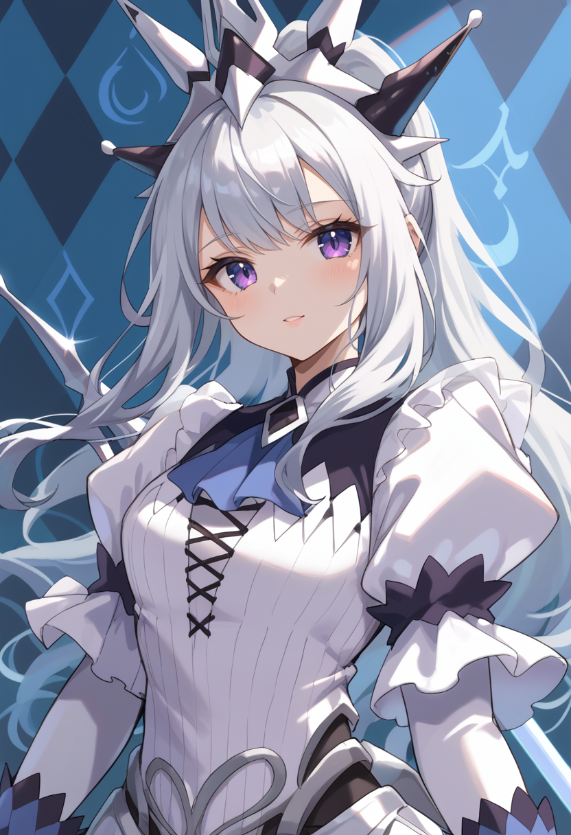 (score_9:0.9),score_8_up,score_7_up,rating_safe,anime style,(zPDXL),(zPDXL3),<lora:MALICE Queen White Binder ponyXL v1:0.56>,mâlice queen white binder,1girl,solo,looking at viewer,blush,sidelocks,upper body,blue ascot,sword,closed mouth,white dress,white juliet sleeves,silver crown,argyle background,holding sword,