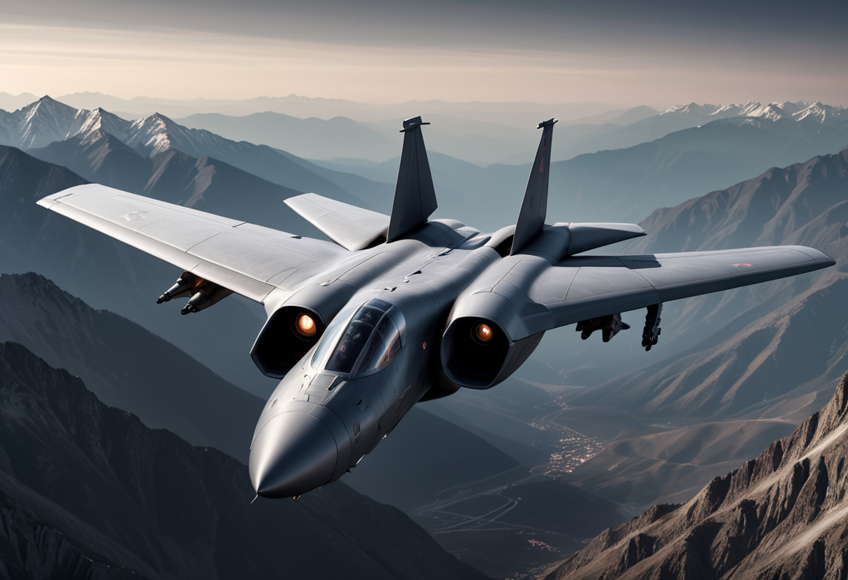 (medium full shot) of (fast light dark-gray military plane) with composite-material body, turbofan engines, delta wing, external weaponry, flying over  performing a high-altitude reconnaissance mission over the mountains, the military plane capturing detailed imagery, under enemy fire, at dusk, Masterpiece,best quality, photo, realistic, very aesthetic,