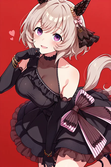 masterpiece,best quality,very aesthetic,absurdres,highres,newest,official art,official style,
uncensored,
1girl,solo,
crc wedding,curren chan (umamusume),
animal ears,blush,dress,elbow gloves,gloves,grey hair,hair ornament,
horse ears,horse tail,ribbon,short hair,tail,wedding dress,black dress,black gloves,long dress,
bow,ear covers,ear ornament,horse girl,official alternate costume,
purple eyes,detached sleeves,bare shoulders,black footwear,dress bow,
frilled dress,frills,high heels,see-through,see-through cleavage,see-through dress,
sleeveless,sleeveless dress,black choker,bracelet,choker,bangs,violet eyes,
eye_focus,<lora:eye_focus:1>,
<lora:umamusume_curren_chan_ill_v1.0:1>,