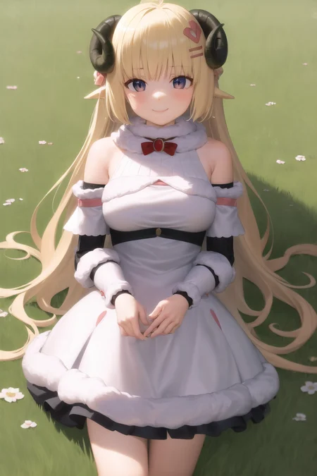 masterpiece,highres,best quality,(tsunomaki watame:1.1),fur-trimmed dress,blonde hair,long hair,grass,field,white dress,smile,closed mouth