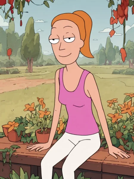 , looking at viewer, alien world,<lora:SummerPony1.0:1.0>,summer.smith, orange hair, 1girl, ponytail, solo, pink tank top, white pants, smile,sitting, score_9, score_8_up, score_7_up, score_6_up