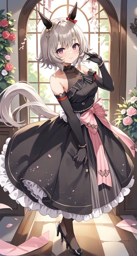 score_9,score_8_up,score_7_up,
official art,official style,game cg,megami magazine,
uncensored,
1girl,
crc wedding,curren chan (umamusume),
animal ears,blush,dress,elbow gloves,gloves,grey hair,hair ornament,
horse ears,horse tail,ribbon,short hair,tail,wedding dress,black dress,black gloves,
bow,ear covers,ear ornament,horse girl,official alternate costume,
purple eyes,detached sleeves,bare shoulders,black footwear,dress bow,
frilled dress,frills,high heels,see-through,see-through cleavage,see-through dress,
sleeveless,sleeveless dress,black choker,bracelet,choker,bangs,violet eyes,long dress,
standing,
<lora:umamusume_curren_chan_pony_v1:1>,