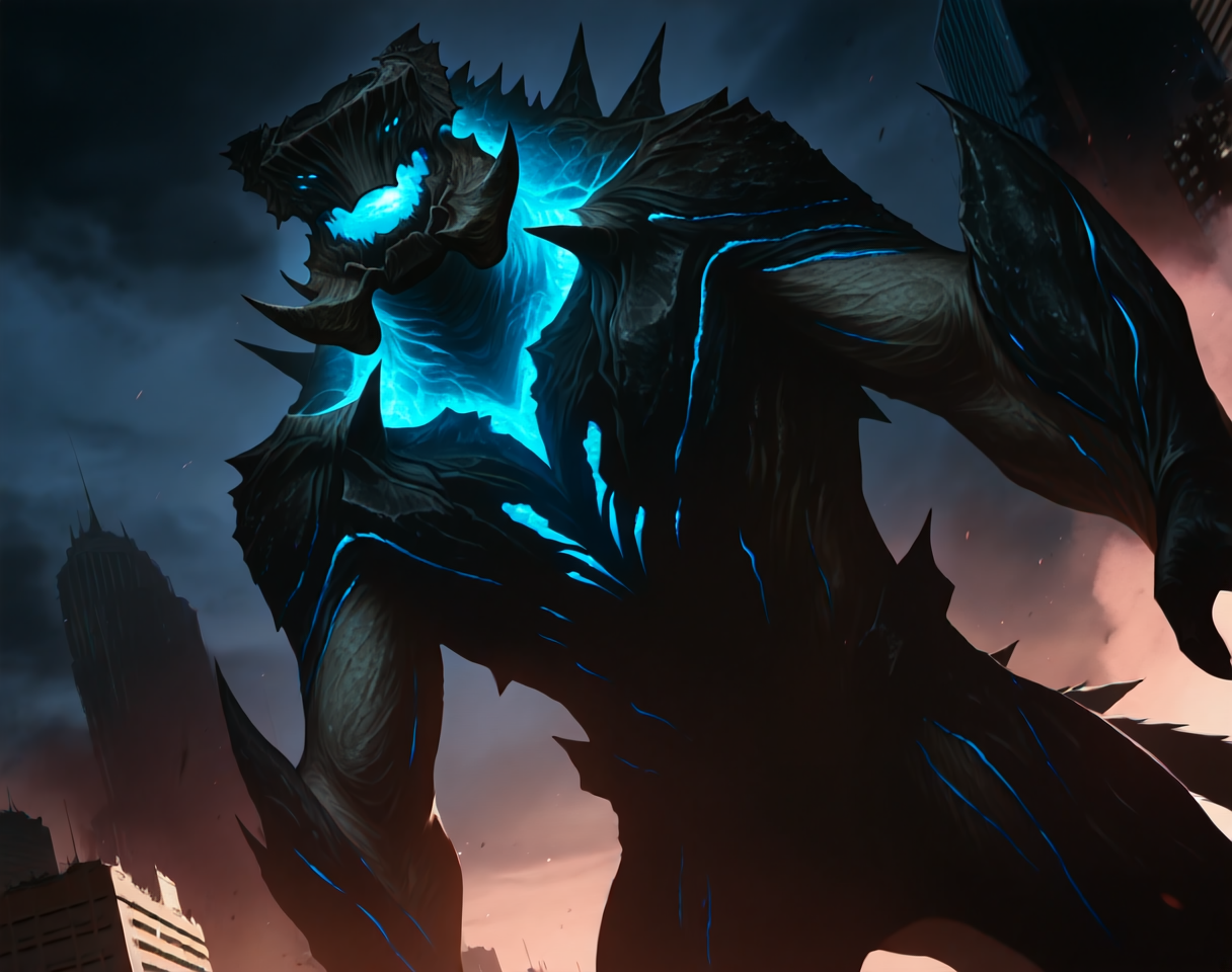 score_9, score_8_up, score_7_up, 
8K, In'ei, chiaroscuro, perfect depth of field shot, beautiful, sharp focus, crisp details, masterclass animation, photographic realism, source_anime, 
<lora:Mega_Kaiju_(Pacific_Rim)_(Illustrious)_(AD):1.35> Mega Kaiju, Pacific Rim, muscular, kaiju, 
exterior, night sky with dark clouds, city skyline, destroyed skyscrapers, chaotic war zone, dark smoke, 
dynamic action, bent leg, cowboy shot, dutch angle, low angle shot, 
titanic, gigantic, his presence commands respect and deference, end boss, 2tails, blue glow, no humans, 
BREAK Smooth Quality, IllusP0s,