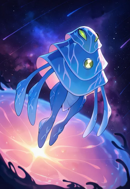 masterpiece, best quality, amazing quality, very aesthetic, absurdres, newest,, detailed background, 
 ampfibian, full body, pokemon (creature), no humans, colored sclera, green eyes, blue skin, tentacles, extra eyes, colored skin, squid, jellyfish,   no mouth, 
in space, hyperspace, stretchy limbs, stars, shooting stars,