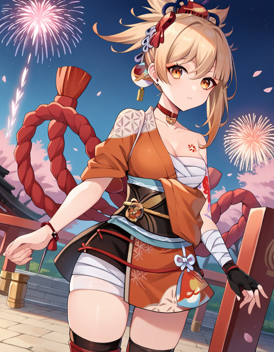 score_9, score_8_up, score_7_up, source_anime,
yoimiya, <lora:yoimiya-ponyxl-lora-nochekaiser:1>,
yoimiya, bangs, blonde hair, hair ornament, hair between eyes, ponytail, sidelocks, orange eyes, light brown hair,
thighhighs, gloves, jewelry, japanese clothes, choker, fingerless gloves, kimono, bracelet, sash, tattoo, bandages, obi, rope, asymmetrical legwear, pouch, sarashi, bandaged arm, red choker, arm tattoo, shimenawa, bandaged leg, chest tattoo, hadanugi dousa, orange kimono, single fingerless glove,
outdoors, shrine, fireworks, festival,
looking at viewer, dutch angle, cowboy shot,