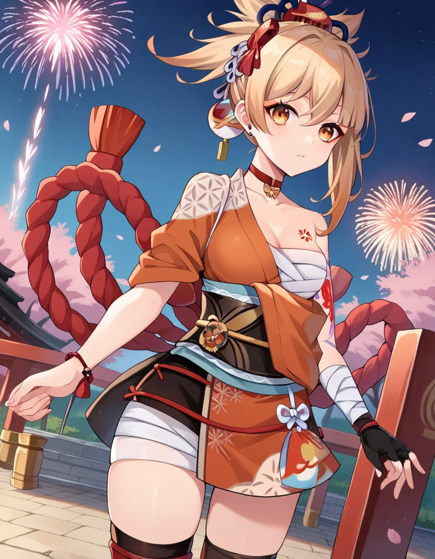 score_9, score_8_up, score_7_up, source_anime,
yoimiya, <lora:yoimiya-ponyxl-lora-nochekaiser:1>,
yoimiya, bangs, blonde hair, hair ornament, hair between eyes, ponytail, sidelocks, orange eyes, light brown hair,
thighhighs, gloves, jewelry, japanese clothes, choker, fingerless gloves, kimono, bracelet, sash, tattoo, bandages, obi, rope, asymmetrical legwear, pouch, sarashi, bandaged arm, red choker, arm tattoo, shimenawa, bandaged leg, chest tattoo, hadanugi dousa, orange kimono, single fingerless glove,
outdoors, shrine, fireworks, festival,
looking at viewer, dutch angle, cowboy shot,