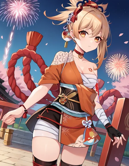 score_9, score_8_up, score_7_up, source_anime,
yoimiya, <lora:yoimiya-ponyxl-lora-nochekaiser:1>,
yoimiya, bangs, blonde hair, hair ornament, hair between eyes, ponytail, sidelocks, orange eyes, light brown hair,
thighhighs, gloves, jewelry, japanese clothes, choker, fingerless gloves, kimono, bracelet, sash, tattoo, bandages, obi, rope, asymmetrical legwear, pouch, sarashi, bandaged arm, red choker, arm tattoo, shimenawa, bandaged leg, chest tattoo, hadanugi dousa, orange kimono, single fingerless glove,
outdoors, shrine, fireworks, festival,
looking at viewer, dutch angle, cowboy shot,