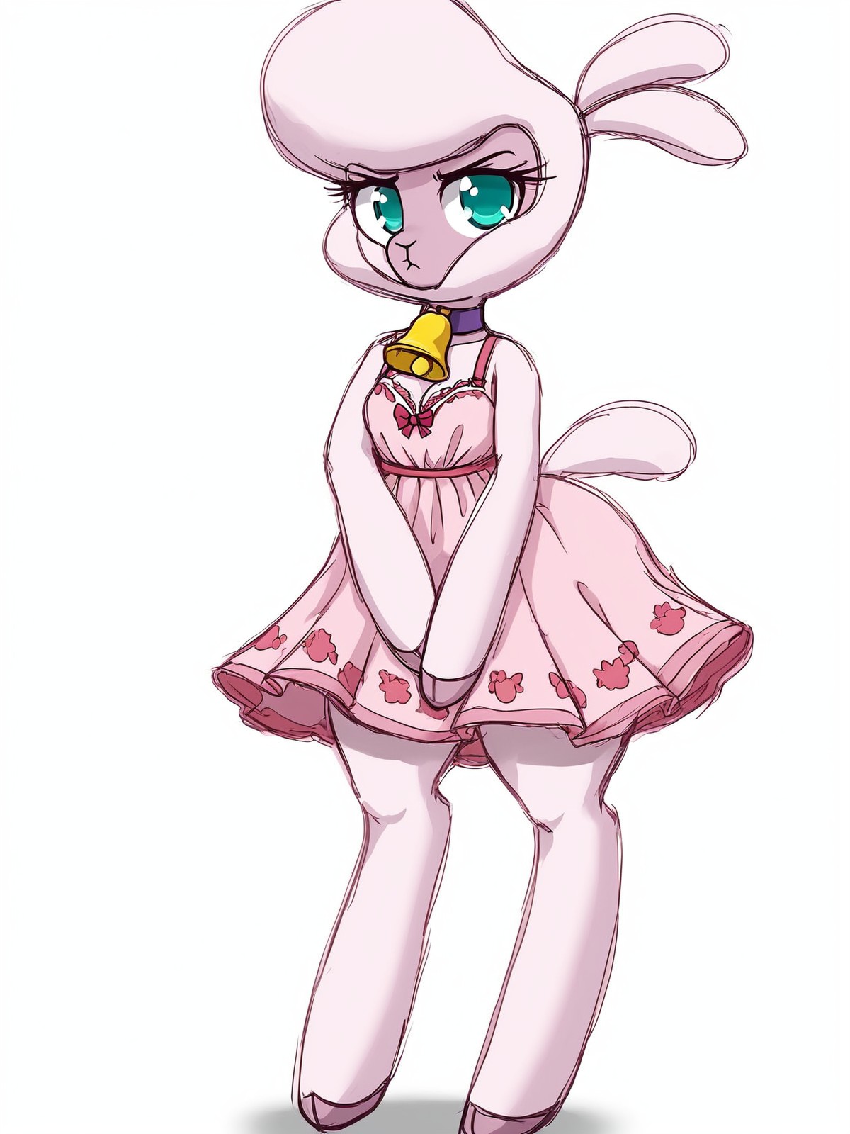 score_9,source_furry,
<1girl:1.5>,
<solo:1.5>,
pom_fherds, sheep girl, aqua eyes, bell, collar, full body, green eyes, looking at viewer, neck bell, no humans, pink skin, pout, simple background, solo, standing, white background, fluffy body,anthro,big tits,bra,ass,thick thighs,human hands,furrification,bipedal, hands,human hands,dress, sun dress,
<simple background:1.5>,
<white background:1.5>,
<lora:Pom_Fherds_Pony_SDXL:1> ,
<lora:90s4n1m3XLP:1.25> 90s4n1m3