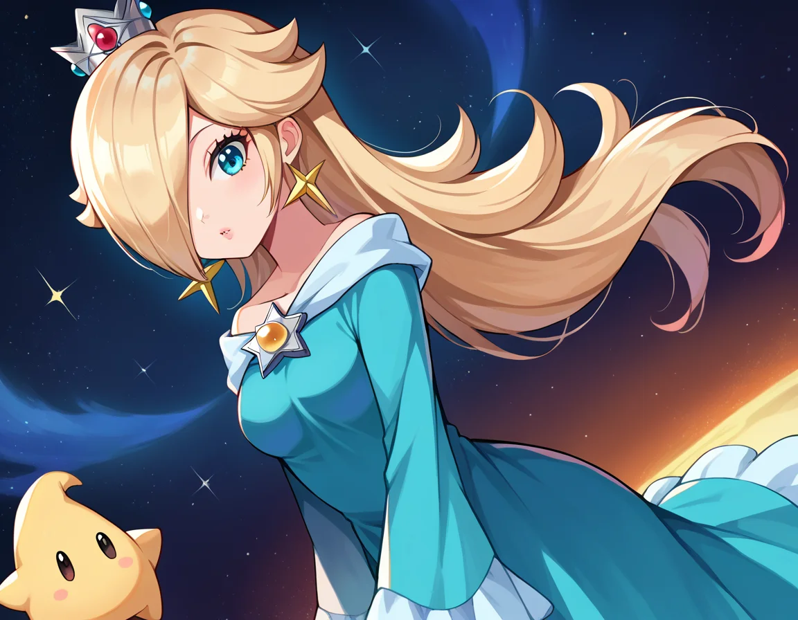 score_9, score_8_up, score_7_up, source_anime,
rosalina, <lora:princess-rosalina-ponyxl-lora-nochekaiser:1>,
rosalina, blonde hair, blue eyes, hair over one eye, long hair,
blue dress, crown, dress, earrings, jewelry, princess, robe, star earrings,
outdoors, space, bent over,
looking at viewer, dutch angle, cowboy shot,