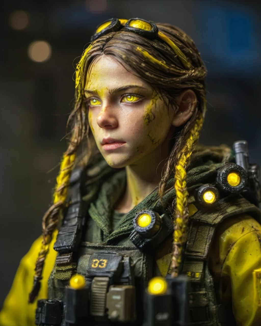 resin material style, 1girl, close up, yellow glowing eyes, battle-ready pose, rugged survivalist look, weathered textures, dynamic composition, high level of detail, <lora:è¶ä½¬V1:0.7>