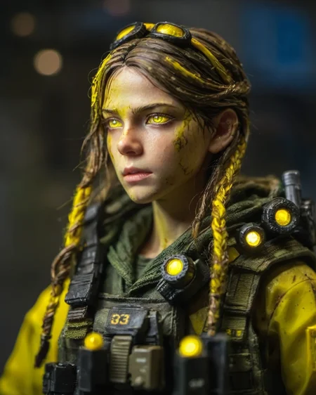 resin material style, 1girl, close up, yellow glowing eyes, battle-ready pose, rugged survivalist look, weathered textures, dynamic composition, high level of detail, <lora:è¶ä½¬V1:0.7>