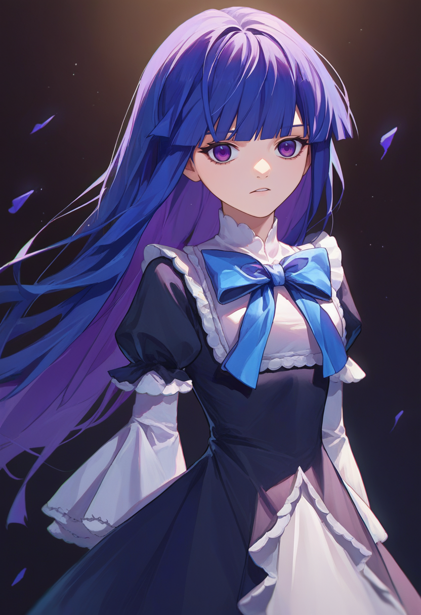 score_9, score_8_up, score_7_up, source_anime, 1girl, solo,   frederica bernkastel, long hair, blue hair, purple eyes, black dress, frills, blue bow,   <lora:BernCAMENoiise-000010:1>