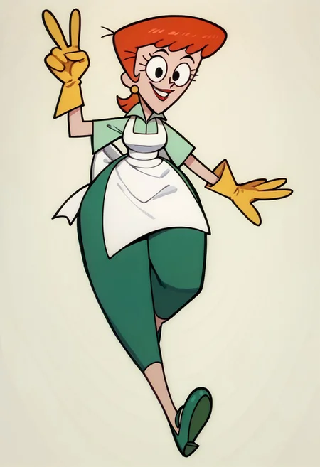 score_9, score_8_up, score_7_up BREAK DexMom, 1girl, short orange hair, black eyes, red lipstick, golden pearl earrings, yellow gloves, white body apron, light green polo shirt, dark green pants, dark green flat shoes, smiling, peace sign hand, full body,