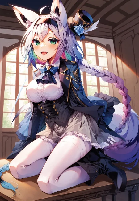 safe_pos, safe_pos, safe_pos, safe_pos, safe_pos, safe_pos, score_9, score_8_up, score_7_up, score_6_up, masterpiece, source_anime, high quality, perfect face, detailed eyes, perfecteyes, perfect balance, detailed face, perfect lighting, detailed background, uncensored, newest, absurdres, highres, very aesthetic, indoor, dining room, grand table, windows, night,
uncensored,
fubuki, white hair, single side braid, ahoge, piercing, fox tail,
fubuki_elegant, braided ponytail, blue coat, blue ascot, corset, collared shirt, grey skirt, frilled skirt, white pantyhose, white gloves, mini top hat, hairband, blue rose, white hair, piercing, fox tail,
1girl, solo, open mouth, smile, large breasts, pleasured, full body, long legs, larger female, tall female, looking at viewer, long calves, long legs, thin thighs, tall_girl,long_legs, boots, long boots, lace-up boots, leather boots, heeled boots, sitting on table, half closed eyes, naughty face, multicolored hair, low angle