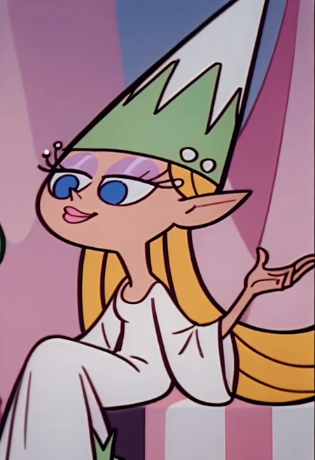score_9, score_8_up, score_7_up BREAK QueenDD, 1girl, blonde hair, blue eyes, purple eyeshadow, pink lipstick, long-sleeved cleavaged white dress, white boots, green white princess cone hat, screenshot, official art, parody, cartoon footage, official design, screencap, cartoon screenshot, official screenshot, 2d, on model, full body, smiling at viewer,