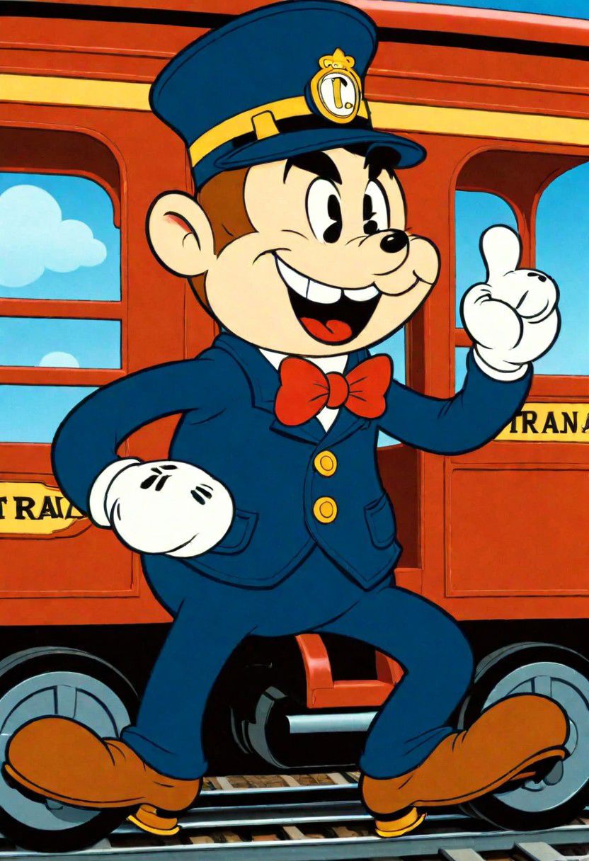 (rubber_hose_character:1.1) <lora:RubberHose_Characters_SDXL_v1:1.3>, cartoon, a train conductor, driving a train